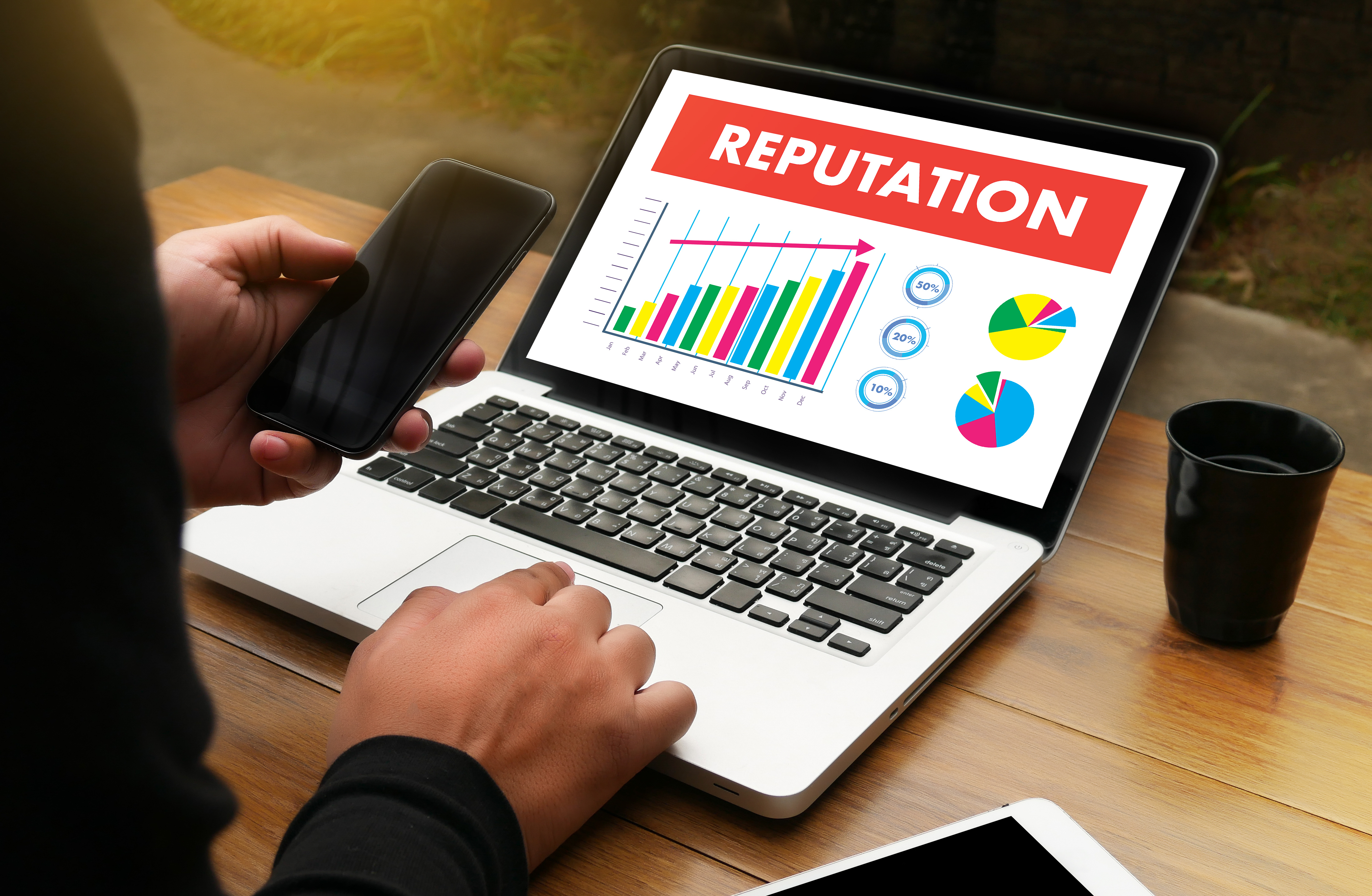 A laptop with bar graph and pie charts on the screen. The page is titled Reputation. The bar graph indicates growth.